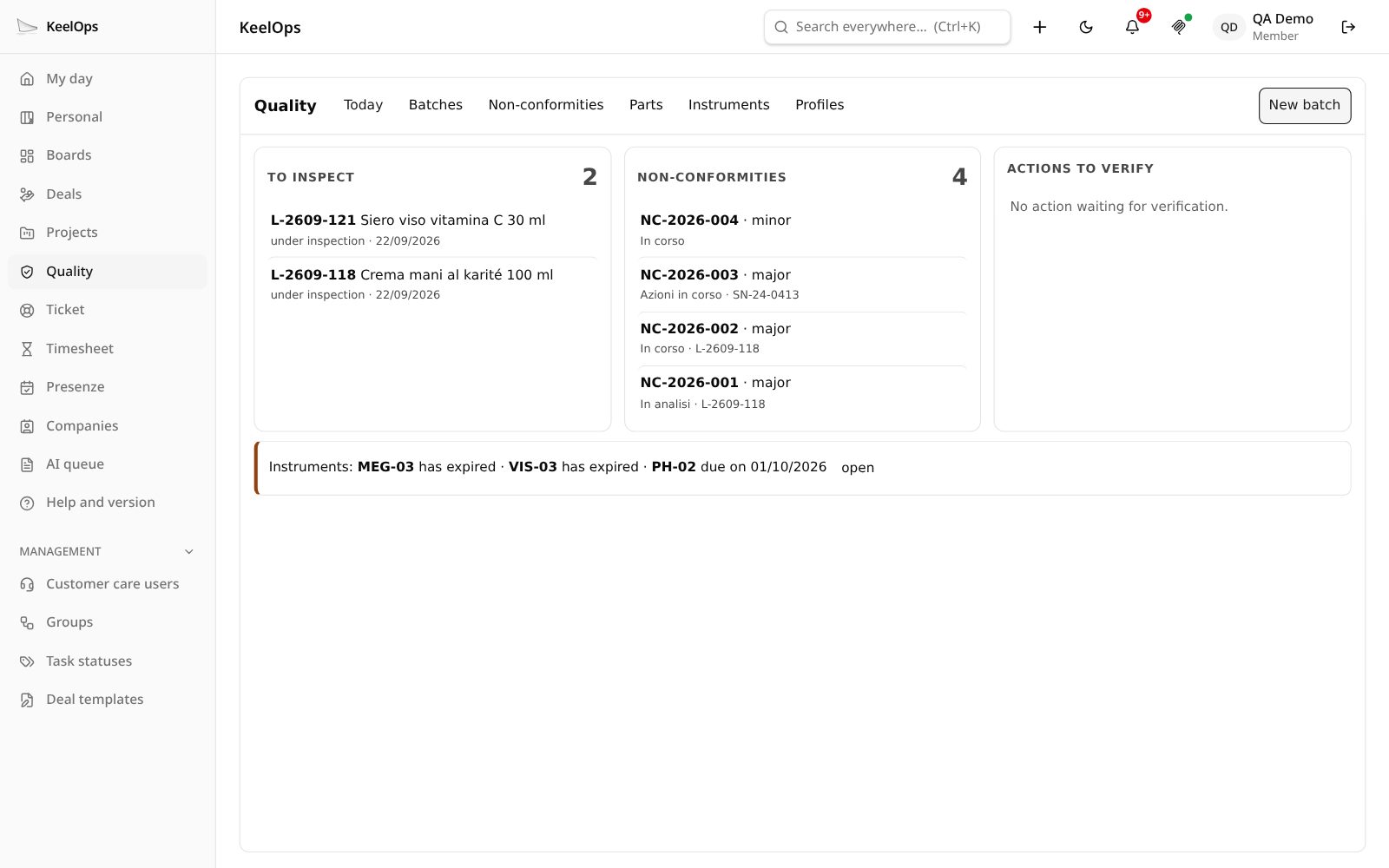 Das Dashboard von QABox: zu prüfende Chargen, offene Abweichungen und zu verifizierende Maßnahmen