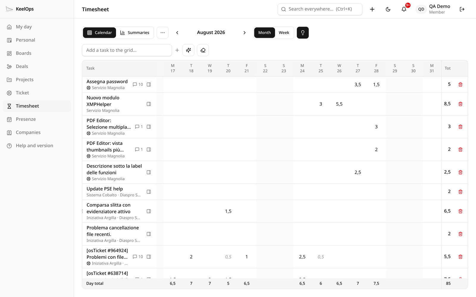 The timesheet grid