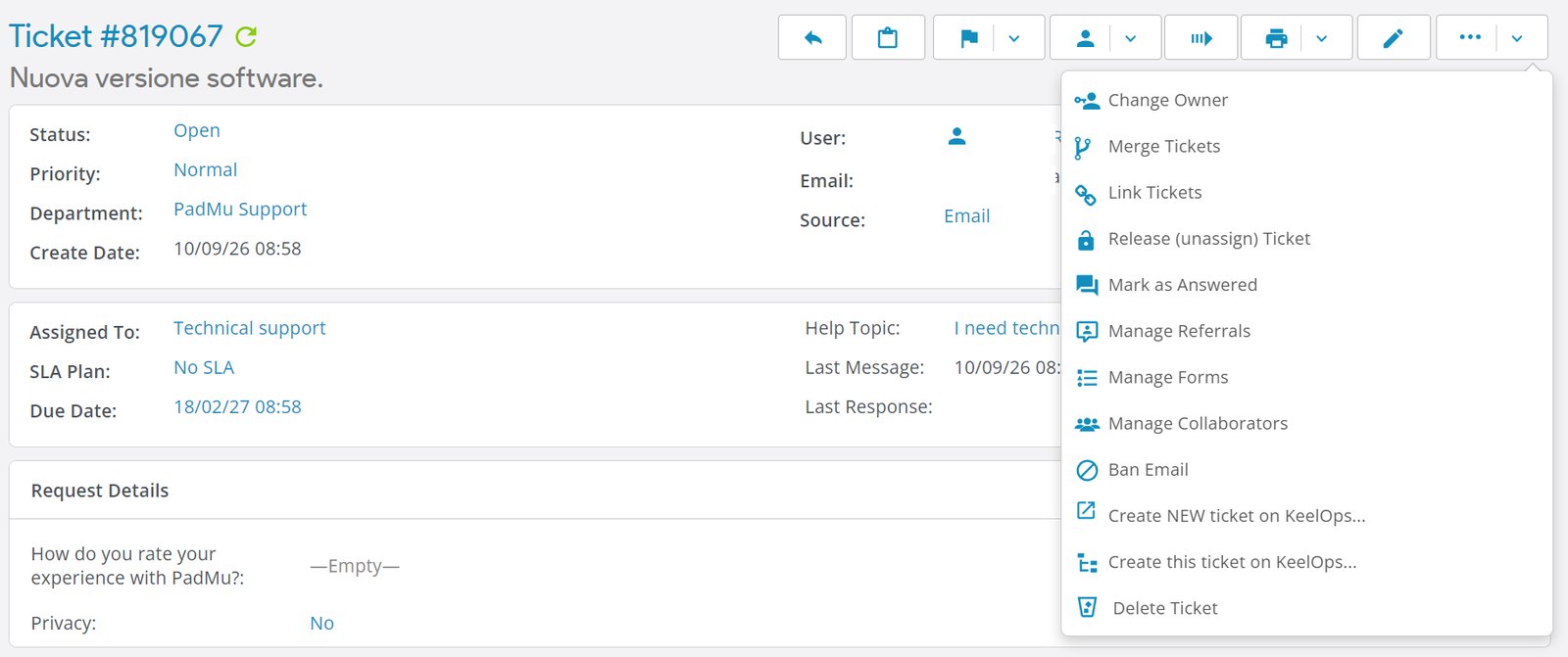 Un ticket in osTicket con il menu del plugin KeelOps: «Create this ticket on KeelOps» e «Create NEW ticket on KeelOps»