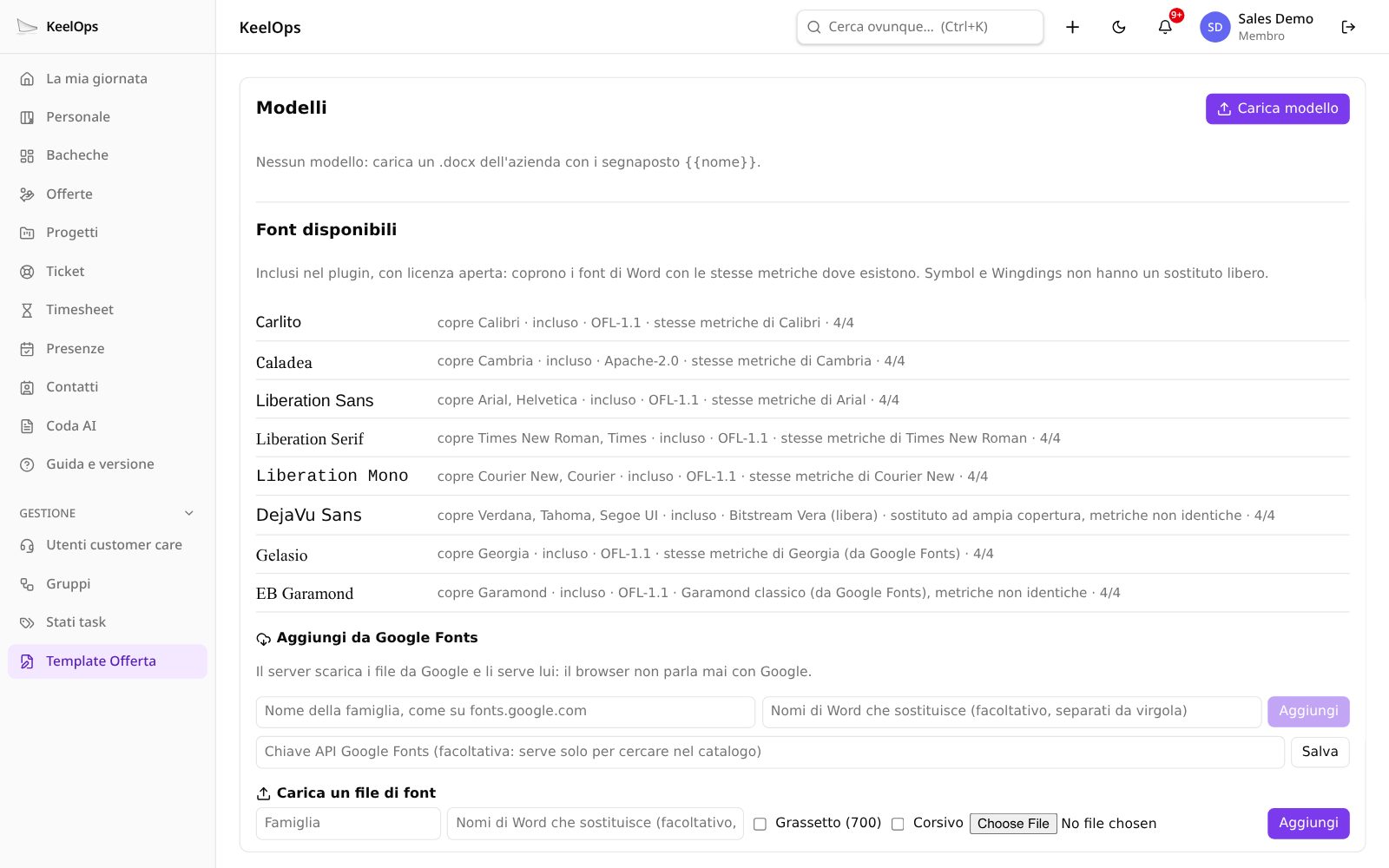 La galleria dei modelli di QuoteDOCX, ciascuno con titolo, descrizione e anteprima della prima pagina