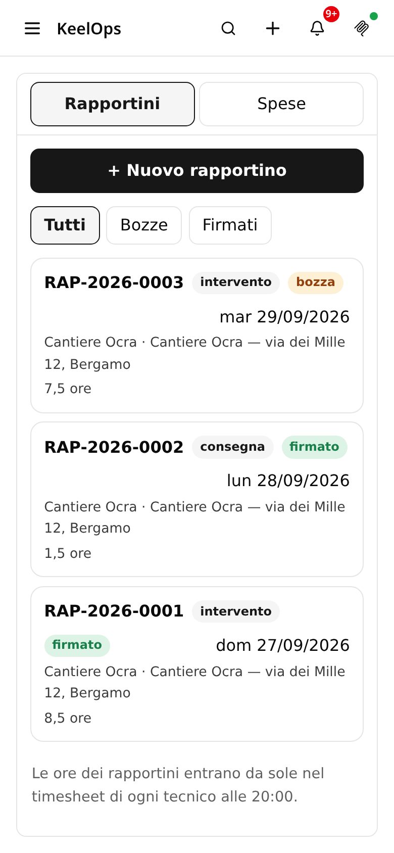 L'elenco dei rapportini sul telefono