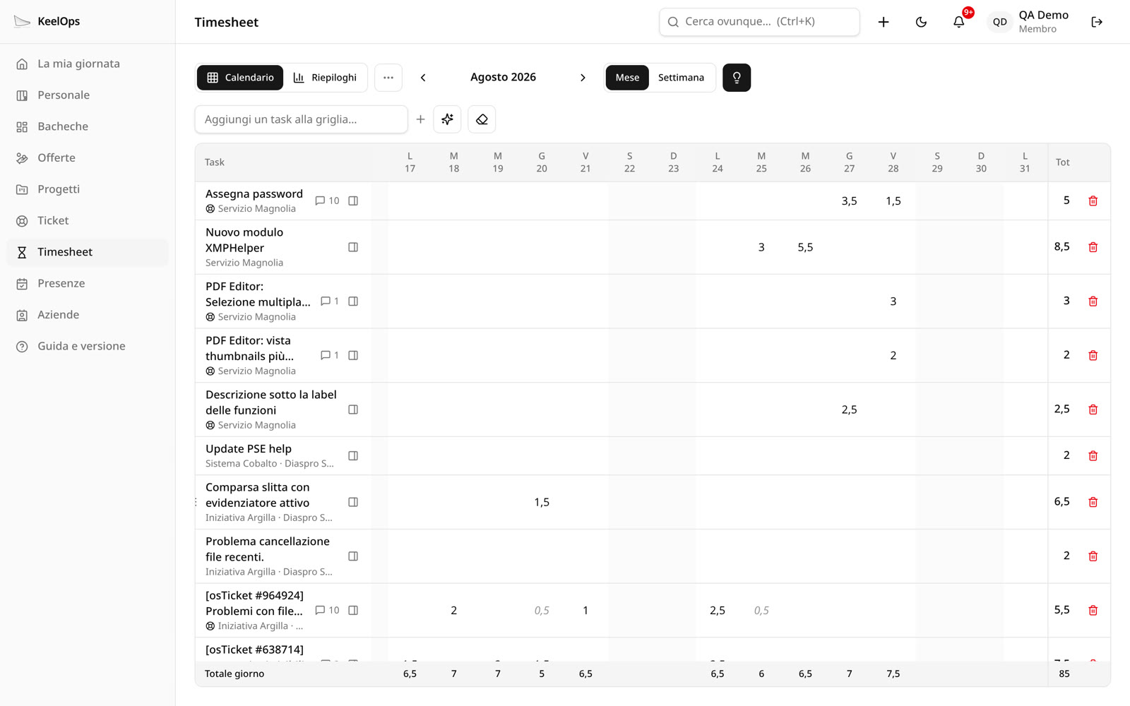 La griglia del timesheet